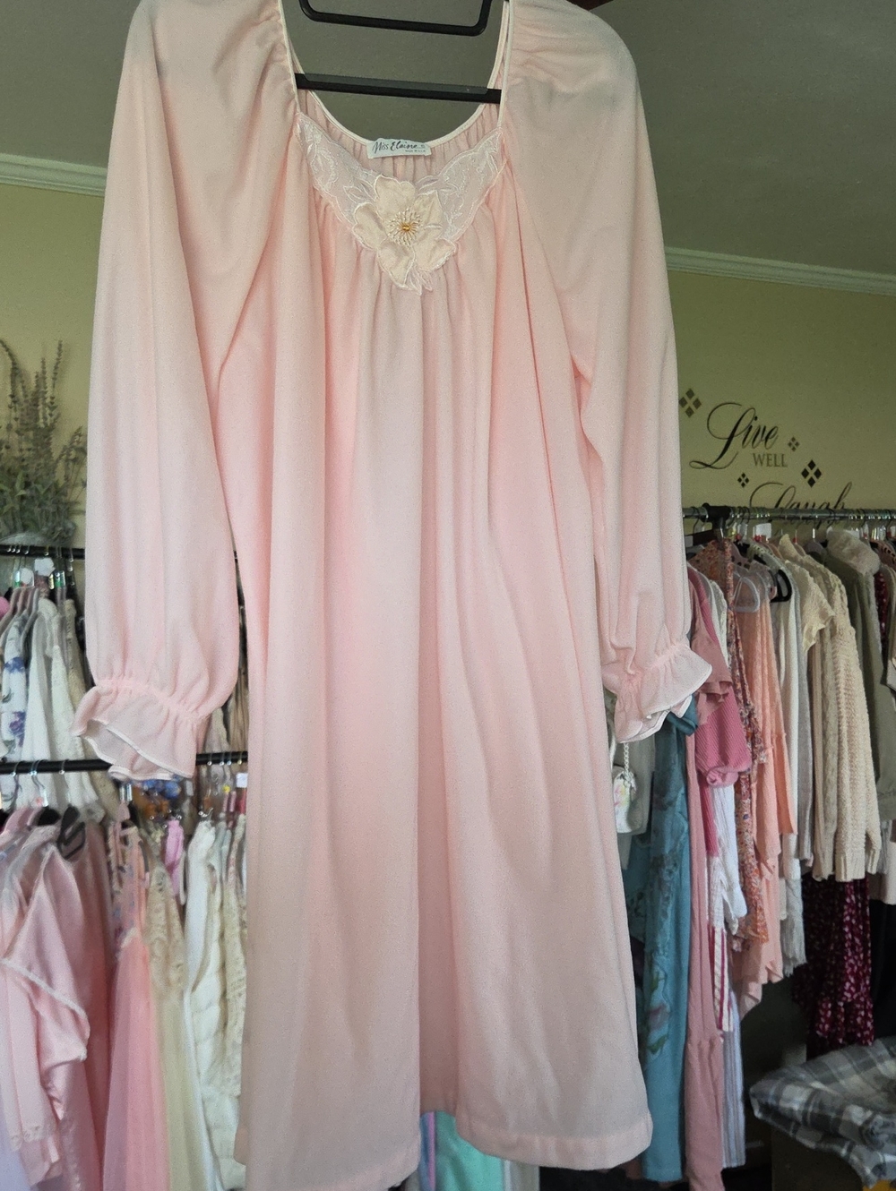 Miss Elaine Soft Pink Long Sleeve Nightgown with Lace Applique